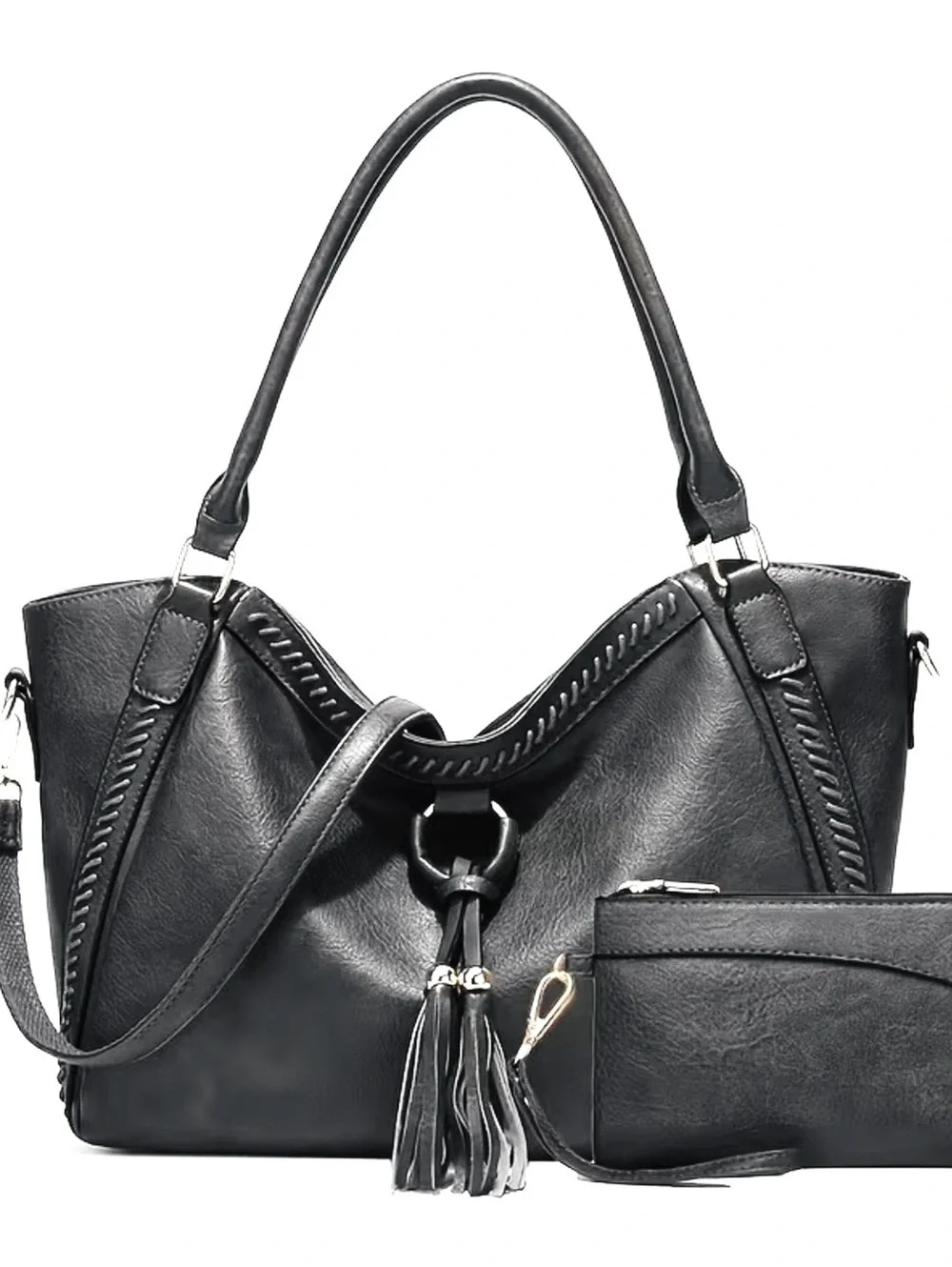 New -Faux Leather Shoulder Bag w/Tassel Details -Gray